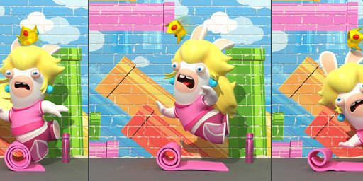 anthro blonde_hair blue_ear_piercing blue_eyes bottle bottomwear brick_wall buckteeth clothing container crown ear_piercing eyes_closed featureless_legs female female_anthro flat_chested floor fur hair hand_pawpads headgear inside landing light long_hair looking_at_viewer looking_up looking_up_at_object midair midriff mitten_hands multicolored_body pants pawpads piercing pink_clothing pink_shirt pink_t-shirt pink_topwear red_bottomwear red_clothing red_pants red_tongue shirt smile smiling_at_viewer solo t-shirt tan_body tan_eyelids tan_inner_ear tan_pawpads tan_skin teeth tongue topwear tripping two_tone_body walking wall_(structure) water_bottle white_body white_fur worried_look yoga yoga_mat yoga_pants perrine_lozinguez mario_bros mario_plus_rabbids_kingdom_battle nintendo raving_rabbids rayman_(series) ubisoft rabbid_peach lagomorph mammal rabbid 2019 3d_(artwork) absurd_res adobe_photoshop_(artwork) autodesk_maya_(artwork) colored comic crossover digital_media_(artwork) english_description hi_res lighting long_image official_art shaded substance_painter_(artwork) wide_image