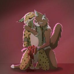 4_toes 5_fingers animal_genitalia animal_penis balls bdsm blood blood_on_balls blood_on_belly blood_on_ground blood_on_leg blue_eyes blue_sclera bodily_fluids bondage bound braided_hair brown_body brown_fur brown_spots brown_stripes cuddling digitigrade disembowelment duo ear_piercing ear_ring erection eyebrows feet feline_genitalia feline_penis fingers fur genital_fluids genitals gore gore_focus guts hair hand_behind_back imminent_death inner_ear_fluff intestines kneeling knife male male/male multicolored_body multicolored_fur nude open_mouth organs pawpads penis piercing pink_ears pink_nose pink_pawpads pivoted_ears precum raised_tail red_ears red_nose restrained_arms restraints ring_piercing rope rope_bondage sheath simple_background smile spots stripes tail teeth toes tuft white_body white_eyebrows white_fur wounded yellow_body yellow_eyes yellow_fur yellow_sclera chuchochi domestic_cat felid feline felis lynx mammal hi_res