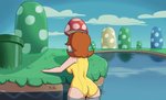 ambiguous_gender barefoot big_butt bouncing_butt breasts brown_hair butt clothing cloud day duo feet female grass hair one-piece_swimsuit partially_submerged plant swimwear tentacles toes water yoink flbl mario_bros nintendo princess_daisy blooper cephalopod coleoid decapodiform human mammal marine mollusk animated short_playtime signature