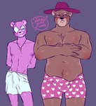 anthro balls_outline black_nose blush brown_body bulge clothing detailed_bulge duo eyewear genital_outline glasses hat headgear headwear male male/male navel penis_outline purple_body underwear dongoverlord unicorn_wars padre_(unicorn_wars) sargento_caricias bear mammal 2023 hi_res