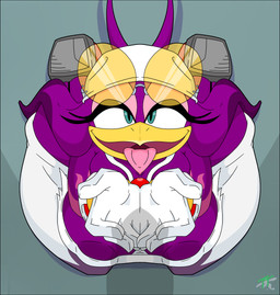 anthro areola areola_slip beak big_breasts big_butt bottomwear breasts butt clothing eyelashes eyeshadow eyewear eyewear_on_head feathers female footwear gloves green_eyes handwear huge_breasts huge_butt kerchief kneeling looking_at_viewer makeup open_mouth open_smile pants penis_shadow pink_eyeshadow purple_areola purple_body purple_feathers shoes smile solo sunglasses sunglasses_on_head thick_thighs tongue tongue_out wearing_sunglasses white_bottomwear white_clothing white_gloves white_handwear white_pants wide_hips toughtips sega sonic_riders sonic_the_hedgehog_(series) wave_the_swallow avian bird hirundinid oscine passerine swallow_(bird) absurd_res hi_res