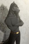 anthro belt black_body black_hair bottomwear clothing crossed_arms eyebrows frown hair male narrowed_eyes pants simple_background solo drizer ecuador_(alisian) draft_horse equid equine friesian horse mammal 2022 digital_media_(artwork) hi_res