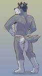 anthro armpit_hair asian_clothing barefoot biped body_hair butt butt_pose clothed clothing countershading east_asian_clothing eyewear feet fundoshi fur glasses gloves_(marking) grey_body grey_fur grey_hair grin hair japanese_clothing leg_markings looking_at_viewer looking_back male markings pose rear_view short_hair smile socks_(marking) solo standing topless underwear white_body white_countershading white_fur wolfyama canid canine canis mammal wolf full-length_portrait portrait