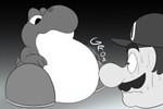 ambiguous_gender anthro belly bodily_fluids duo feral gradient_background imminent_vore low_view male oral_vore rumbling_stomach shocked simple_background sweat tailbutt vore young young_feral rogero_(artist) mario_bros new_super_mario_bros._u nintendo mario baby_yoshi human mammal yoshi 3:2 hi_res monochrome