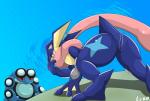 ambiguous_gender anthro blue_background bodily_fluids cyan_background duo gradient_background simple_background sweat type nintendo pokemon generation_5_pokemon generation_6_pokemon greninja pokemon_(species) seismitoad 2015