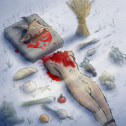 altar animal_genitalia ankles_tied anthro blood blood_from_mouth blood_in_mouth blood_puddle bodily_fluids bound brown_body brown_fur death decapitation food fur genitals gore hands_behind_back hooves horn indi_(kestenan) killing lying male nude nude_male on_altar on_back parted_lips plant religion religious_symbol ritual rock rope sacrifice sacrificial_altar severed_body_part severed_head sheath simple_background skinny skinny_male snow snuff solo spiritual tawny_fur vegetable kestenan_(artist) bovid caprine goat mammal 1:1 hi_res