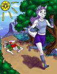 2011 anthro barefoot bottomwear canid canine canis clothed clothing digital_media_(artwork) domestic_dog duo feet female flyingram hair hi_res jogging lying mammal outside serious shirt shorts sun t-shirt tank_top tired topwear