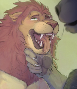 after_kiss anthro bodily_fluids dewlap_(anatomy) dripping drooling duo faceless_anthro faceless_character faceless_male fangs flustered green_background green_eyes hand_under_chin holding_chin jowls male male/male male_anthro mane open_mouth red_mane saliva saliva_drip saliva_on_tongue saliva_string simple_background teeth tongue tongue_out r4wry felid lion mammal pantherine hi_res