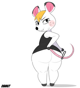 anthro big_butt biped black_clothing black_dress black_ear_tips black_ears black_eyebrows black_eyes black_nose blonde_hair blush bodily_fluids buckteeth butt cartoon_freckles clothed clothed_anthro clothed_female clothing clothing_lift dipstick_ears dress dress_lift ear_markings exclamation_point eyebrows eyelashes female female_anthro flat_chested freckled_face freckles fur hair hairless_tail head_turned long_eyelashes looking_at_viewer looking_back looking_back_at_viewer markings multicolored_ears pink_inner_ear pink_tail rear_view short_hair simple_background snout solo standing sweat sweaty_face tail teeth text thick_thighs two_tone_ears white_background white_body white_ears white_fur dsmnut animal_crossing nintendo bella_(animal_crossing) mammal mouse murid murine rodent artist_name hi_res