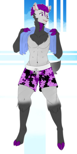 anthro biped clothed clothing ear_piercing eyebrows fur hair hooves male piercing purple_eyes purple_hair solo swimwear tail topless topless_anthro topless_male munkeesgomu camelid llama mammal 1:2 hi_res