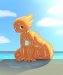 balls climbing curvy_figure genitals glistening glistening_body looking_at_viewer male navel nipples nude orange_body orange_skin outside penis solo swimming swimming_pool thick_thighs water wet sqoon malph alien humanoid puwa hi_res