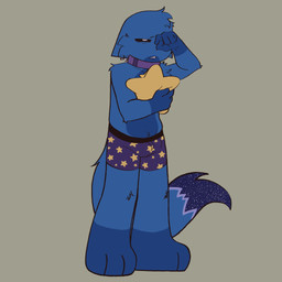 anthro blue_body bulge clothing collar male pillow solo standing star tail tired tired_eyes underwear ink_mondragon cosmo_(polareclipsed) domestic_cat felid feline felis mammal 1:1 hi_res