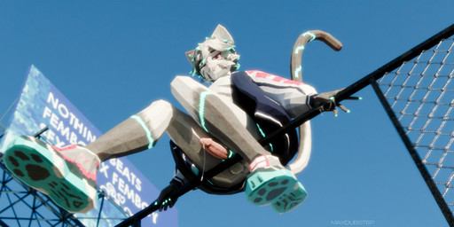 anthro balls billboard blue_claws blue_clothing blue_coat blue_footwear blue_hair_tips blue_shoes blue_topwear bodily_fluids claws clothing coat cum cum_drip cum_on_hand cum_on_penis cum_on_tongue dark_spots dripping femboy fence footwear fur fur_markings genital_fluids genitals glowing glowing_claws glowing_eyes glowing_genitalia glowing_markings glowing_penis grey_body grey_fur grey_hair hair ineffective_clothing low-angle_view low_poly male markings oversized_clothing paw_shoes penis pink_eyes precum precum_drip shoes sitting sky smile smiling_at_viewer smug solo text tongue tongue_out topwear pestbudmax max_(pestbudmax) domestic_cat felid feline felis mammal 3d_(artwork) digital_media_(artwork) hi_res