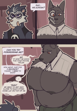 3_panel_comic anthro arm_scar belly big_muscles big_pecs black_body black_clothing black_fur bone clothed clothing dialogue duo ellipsis eyewear fur glasses huge_pecs male male/male musclegut muscular muscular_anthro muscular_male nipples orange_eyes pecs purple_eyes question_mark round_glasses scar sigh skull speech_bubble text thinking_pose topwear torn_clothing torn_topwear white_body white_fur king_slabu adrian_(king_slabu) nolan_(king_slabu) american_opossum canid canine canis domestic_dog mammal marsupial virginia_opossum absurd_res comic compression_artifacts digital_media_(artwork) english_text hi_res