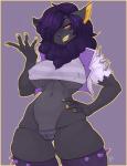 anthro breasts camel_toe clothed clothing female fur grey_body grey_fur hair looking_at_viewer nipple_outline panties purple_hair smile solo standing thick_thighs under_boob underwear wide_hips tweedabop canid canine mammal absurd_res hi_res