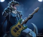 anthro black_clothing black_topwear blue_bottomwear blue_clothing blue_shorts blue_topwear bodily_fluids bottomwear breath buccinator claws clothed clothing dog_tags dust green_body guitar head_spikes holding_guitar holding_musical_instrument holding_object jacket jewelry light light_beam long_mouth looking_at_viewer male mouth_scar musical_instrument narrowed_eyes necklace open_clothing open_jacket open_mouth open_smile open_topwear particles pecs plucked_string_instrument pose rocking_out saliva saliva_string sharp_teeth shirt shorts smile solo spiked_jacket spikes spikes_(anatomy) standing string_instrument teeth tongue tongue_out topwear torn_bottomwear torn_clothing torn_shirt torn_topwear white_claws yellow_eyes santanahoffman rocco_(tallion) dinosaur prehistoric_species reptile scalie 2023 absurd_res artist_name dated hi_res portrait three-quarter_portrait