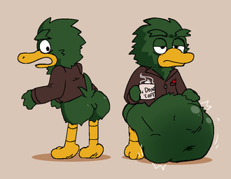 abdominal_bulge anthro beak belly belly_on_ground big_belly biped butt coffee_mug feathers front_view green_body hand_on_belly male navel rear_view simple_background solo standing tail tail_feathers vore pawplants don't_hug_me_i'm_scared duck_guy_(dhmis) anatid anseriform avian bird duck 2025