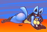 anthro big_breasts big_butt blush breasts butt chest_spike female hand_spike lying on_front orange_eyes solo spikes spikes_(anatomy) tail sirphilliam nintendo pokemon generation_4_pokemon lucario pokemon_(species) absurd_res hi_res