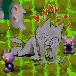 all_fours ambiguous_gender anthro blowup_background bodily_fluids bottomwear chibi clothed clothing crying featureless_crotch frown fully_clothed heart_symbol nude open_mouth pants paws pointy_ears prick_ears sharp_teeth shirt simple_background smile solo tail tears teeth toony topwear plastiboo catnap/dreamworld the_cat_(plastiboo) domestic_cat felid feline felis mammal digital_media_(artwork) hi_res mixed_media pixel_(artwork)