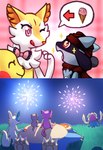 2014 ambiguous_gender anthro biped bow_ribbon braixen cheek_spots claws closed_smile dessert digital_media_(artwork) espurr eyelashes female feral finger_claws fireworks flavia-elric floating food generation_1_pokemon generation_3_pokemon generation_4_pokemon generation_5_pokemon generation_6_pokemon grass group hi_res ice_cream inkay mouth_closed night nintendo one_eye_closed outside pikachu pink_eyes plant pokemon pokemon_(species) pokemon_mystery_dungeon purrloin red_cheeks red_eyes riolu scarf shadow smile snorlax sparkles spike_chunsoft toe_claws tongue tongue_out white_sclera zangoose