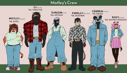ambiguous_gender anthro belt belt_buckle boots bottomwear buckle clothing cowboy_boots denim denim_bottomwear denim_clothing denim_topwear denim_vest female flannel_shirt footwear group jeans logo_on_shirt male overalls pants pattern_clothing pattern_shirt pattern_topwear shirt shoes skirt sneakers t-shirt text topwear vest zerokyu3 motley's_crew carmen_(motley's_crew) cy_(motley's_crew) motley_(motley's_crew) pimsley_(motley's_crew) rozy_(motley's_crew) temujin_(motley's_crew) badger greater_grison grison gulonine ictonychine least_weasel mammal mustelid musteline otter polecat_(mustelid) river_otter true_musteline weasel wolverine english_text hi_res model_sheet herm_(lore) trans_(lore) trans_woman_(lore)