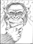 5_fingers anthro banana eyebrows eyewear fingernails fingers food front_view fruit fur glasses looking_at_viewer male nails pattern_background plant pupils rectangular_glasses simple_background smile solo thinking_pose wearing_glasses i8usernames haplorhine mammal monkey primate 2008 bust_portrait graphite_(artwork) monochrome portrait signature traditional_media_(artwork)