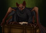 4_wings 5_fingers angry anthro black_cloak black_clothing black_wings blue_eyes brown_body brown_desk brown_ears brown_fur brown_nose claws cloak clothing desk fingers fur furniture green_background green_wall hands_on_table horn inkwell long_fingers male male_anthro multi_wing paper scratches simple_background solo table victorian white_claws wing_claws wings wyatttheriot sunless_skies mr._ventures bat curator_(species) mammal absurd_res hi_res male_(lore)