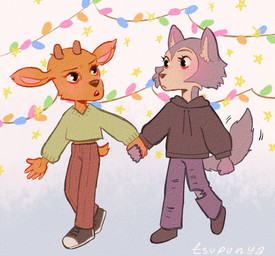5_fingers anthro antlers blush bottomwear clothing duo fingers footwear hand_holding horn jacket male pants shoes sweater tail topwear torn_bottomwear torn_clothing torn_pants uniform tsupunya beastars legoshi_(beastars) louis_(beastars) canid canine canis deer mammal wolf 2023 digital_drawing_(artwork) digital_media_(artwork) hi_res