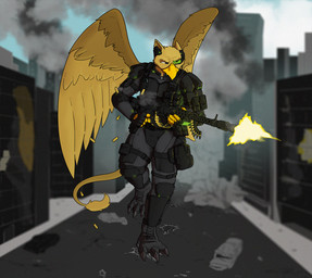 abs anthro beak biceps biped boots bottomwear brown_body brown_fur building building_destruction city city_destruction claws clothed clothing destruction feathered_wings feathers feet finger_claws fingerless_gloves fingers footprint footwear fur gear gloves gun handwear holding_gun holding_object holding_ranged_weapon holding_weapon house legwear macro macro_anthro macro_male male muscular muscular_anthro muscular_male outside pawprint paws pecs rampage ranged_weapon running shoes shooting solo tail toe_claws toes topwear uniform vehicle vehicle_destruction weapon wings imnotalassie mythology carpo avian gryphon mythological_avian mythological_creature hi_res