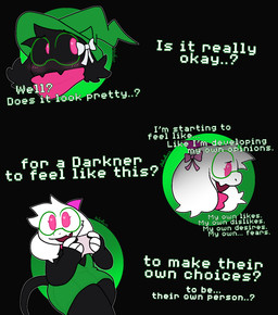 anthro black_body black_fur blush clothing controller eyewear female fur gaming glasses green_clothing green_eyewear green_glasses green_sweater green_topwear group hat headgear headwear horn pink_eyes pink_horn pink_ribbon pink_scarf scarf sweater text topwear trio white_body white_fur white_ribbon witch_hat apollysabyss deltarune undertale_(series) ralsei bovid caprine darkner goat mammal 2025 english_text hi_res trans_(lore) trans_woman_(lore)