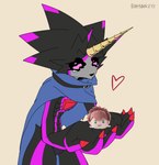 anthro belt black_body black_sclera bodily_fluids cape clothing crying glowing glowing_eyes horn male plushie solo tears b00b00keys bandai_namco digimon digimon_ghost_game hiro_amanokawa digimon_(species) gulusgammamon hi_res