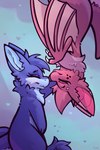 anthro blue_body blue_fur boop duo eyes_closed female female/female fur heart_symbol love pink_body pink_fur romantic romantic_couple semi-anthro simple_background upside_down yurusa fruit_slice_(yurusa) harzipan bat mammal monster 2023 2:3 absurd_res hi_res signature