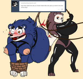4_toes 5_fingers anthro arms_tied ask_blog ball_gag big_breasts blue_body blue_fur blush bodily_fluids bouncing_breasts bound breasts brown_body brown_fur butt_slap butt_torture clothing dominant dominant_female dominatrix duo exposed_breasts eyebrows feet female female/female fingers footwear freckles fur gag gagged huge_breasts humanoid_feet humanoid_hands latex latex_clothing latex_skinsuit leg_torture legs_tied legwear limb_torture masochism mouthless nipples nude pain plantigrade punishment short_ears simple_background skinsuit slap socks spanking star_eyes stockings suspension sweat thick_thighs tight_clothing toeless_footwear toeless_socks toes user_avatar whip whipping whipping_butt robertge animal_crossing nintendo tumblr mabel_able sable_able eulipotyphlan hedgehog mammal 2015 colored_sketch digital_media_(artwork) sketch incest_(lore) sibling_(lore) sister_(lore) sisters_(lore)