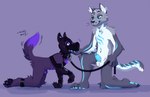 all_fours animal_mask anthro chastity_cage chastity_device clothing gear harness leggings legwear male male/male mask pup_mask restraints elenazilla kosseart wuffywufferson canid canine canis felid feline mammal wolf