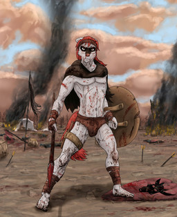 abs angry anthro athletic athletic_anthro athletic_male bandage barefoot battle biped blood bodily_fluids bottomwear bulge burning_building cloak clothed clothing corpse death feet fire flag front_view hair loincloth long_hair looking_at_viewer male medieval melee_weapon mud outside pecs pink_nose plantigrade polearm red_hair shield smoke solo spear standing tent topless war warpaint warrior weapon wounded marsonaut canid canine canis mammal wolf digital_media_(artwork) full-length_portrait hi_res portrait