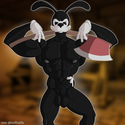 anthro axe balls black_body black_fur bodily_fluids clothing cum cum_drip dripping erection fleischer_style_toon fur genital_fluids genitals gloves handwear looking_at_viewer male melee_weapon muscular muscular_male nipples nude penis simple_background smile solo toony vein veiny_penis weapon weapon_behind_back klr-rio bendy_and_the_ink_machine boris_the_friendly_wolf canid canine canis mammal wolf digital_media_(artwork) hi_res