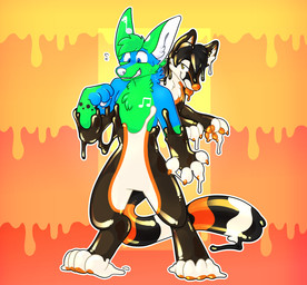 absorption_vore anthro blue_body blue_eyes blue_fur bound brown_body brown_fur conjoined dripping duo encasement fur glistening goo_transformation green_body green_fur latex male male/male markings melting merging orange_body orange_fur pawpads smile striped_markings stripes tongue tongue_out transformation vore that_alpaca jayjay_idingo kulza bassariscus canid canine canis dingo goo_creature living_latex mammal procyonid ring-tailed_cat hi_res