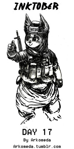 ammunition anthro biped canteen clothed clothing explosives fur gear grenade gun hair hat headgear headwear hijab ink male military pen ranged_weapon religious_clothing religious_headwear simple_background smile soldier solo standing text warrior weapon white_background arkomeda inktober canid canine fox mammal 2015 english_text hi_res monochrome traditional_media_(artwork) url