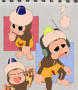 anthro blush bodily_fluids clothed clothing erection feet food fur genital_fluids genitals headgear heart_symbol holding_food holding_object holding_pizza male open_mouth penis pizza pizza_slice shota simple_background size_difference small_penis smaller_male smile solo young young_anthro young_male chibone_2 ape_escape sony_corporation sony_interactive_entertainment yellow_pipo_monkey ape haplorhine mammal monkey primate digital_media_(artwork) hi_res