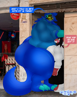 3_toes 4_fingers anthro belly big_breasts big_butt big_feet blue_body blue_fur blue_hair blush blush_lines bottomless bottomless_anthro bottomless_female bottomwear breast_squeeze breast_squish breasts brown_hair butt claws clothed clothing cybernetics duo feet female fingers fur hair headpat horn larger_anthro larger_female long_tail machine open_mouth overweight pink_body protogen_visor shirt short_hair size_difference skirt slightly_chubby smaller_female smile squeezing squish tail thick_thighs toes topwear white_accents white_palms white_soles wide_hips yellow_eyes sokoyo_owo a_chance_encounter dragonfruit_(sokoyo_owo) starry_(sokoyo_owo) canid canine cyborg kobold mammal protogen scalie hi_res meme