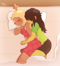 anthro antlers bed bedding blanket blonde_hair blush bottomwear brown_body brown_fur brown_hair buckteeth clothing cuddling duo female freckles fur furniture hair hair_over_eye hand_holding hand_on_hand horn long_hair lying nightgown on_side open_mouth pillow red_nose shirt shorts sleeping spooning tail teeth topwear yellow_body bingbingo deltarune undertale_(series) kris_dreemurr noelle_holiday deer human mammal new_world_deer reindeer 2025 digital_media_(artwork) hi_res signature