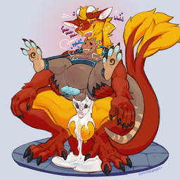 4_arms anal anal_penetration ankle_cuffs anthro anthro_on_anthro anthro_penetrated anthro_penetrating anthro_penetrating_anthro balls bdsm belly big_balls blep blue_background blush bodily_fluids bondage bound breath brown_body crouching cuff_(restraint) cum cum_drip cum_in_ass cum_inflation cum_inside cum_on_penis dominant dripping drooling duo excessive_cum excessive_genital_fluids fannypacking genital_fluids genitals glistening glistening_balls glistening_genitalia glistening_penis hand_on_butt heart_symbol inflation knot knot_sitting larger_dom legs_up looking_pleasured male male/male male_penetrated male_penetrating male_penetrating_male medial_ring multi_arm multi_limb nude nude_anthro nude_male penetration penile penile_penetration penis penis_in_ass red_body restraints saliva sex simple_background size_difference smaller_penetrated spread_legs spreading tongue tongue_out sinisterheaven mythology dragon mythological_creature mythological_scalie scalie 1:1