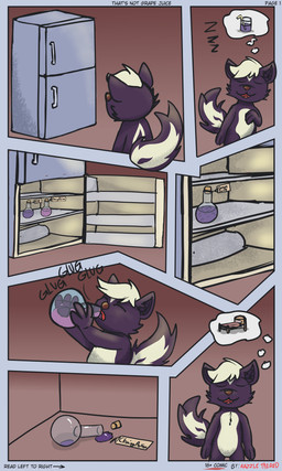 anthro appliance beverage comic_panel drinking drinking_potion fridge kitchen_appliance male solo text tired razzle_the_red razzle_(razzle_the_red) mammal mephitid skunk 3:5 absurd_res comic english_text hi_res