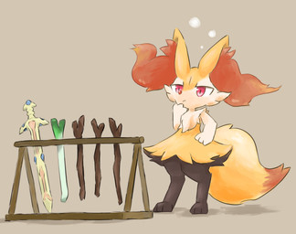 3_fingers 3_toes ambiguous_gender anthro black_body black_fur cheek_tuft chest_tuft dipstick_tail facial_tuft feet fingers food fur hand_to_face inner_ear_fluff leek markings melee_weapon onion orange_body orange_fur orange_nose plant red_eyes semi-anthro simple_background solo stick sword tail tail_markings tan_background thinking toes tuft vegetable weapon white_body white_fur yellow_body san_(sanchimpo) nintendo pokemon braixen canid canine fox generation_6_pokemon mammal pokemon_(species) absurd_res hi_res