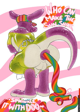 anthro anus apron apron_only backsack balls big_butt butt butt_focus candy candy_feces clothing conductor_hat crossed_arms crouching dessert erection feces food food_feces genitals gummy_(food) humanoid_genitalia humanoid_penis looking_at_viewer looking_back looking_back_at_viewer male penis pooping raised_tail solo sparkles spread_anus spreading tail translucent translucent_body unusual_feces smellyroob food_creature kangaroo living_candy macropod mammal marsupial absurd_res hi_res