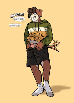 5_fingers bottomwear brown_body brown_fur brown_hair clothed clothing clothing_lift drunk erection fingers floppy_ears footwear fur genitals hair hoodie hoodie_lift male penis shorts socks solo speech_bubble standing substance_intoxication tail tail_motion tailwag teeth_showing text topwear unzipped unzipped_pants zipper blueovenmitts canid canine mammal absurd_res hi_res