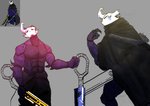 1_horn anthro athletic athletic_anthro athletic_male black_eyes blue_sword clothing dual_wielding empty_eyes holding_object holding_weapon horn male melee_weapon mouthless solo sword weapon yellow_sword goonie-san hollow_knight team_cherry arthropod insect hi_res