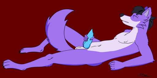 animal_genitalia balls canine_genitalia genitals knot knotted_penis lying male masturbation on_back pecs penis side_view solo aderyn_(aderyn) aderyn canid canine canis mammal wolf hi_res