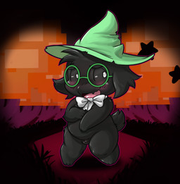 anthro balls black_body black_fur blush bow_(feature) bow_tie chibi clothing embarrassed eyewear fur genitals glasses hat headgear headwear male micropenis penis ribbons slightly_chubby small_penis solo young young_anthro young_male lkiws deltarune undertale_(series) ralsei bovid caprine darkner goat mammal 2018 digital_media_(artwork)