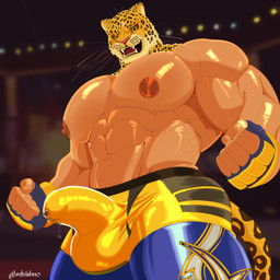 abs areola barazoku big_areola big_muscles big_pecs bodily_fluids bulge clothed clothing detailed_bulge erection for_a_head genital_fluids jaguar_spots leaking_precum looking_at_viewer looking_down looking_down_at_viewer low-angle_view male muscular muscular_humanoid muscular_male nipples pecs penis_conforming precum solo topless topless_humanoid topless_male mhilahno tekken king_(tekken) animal_head animal_humanoid felid human humanoid jaguar mammal pantherine 1:1 absurd_res hi_res